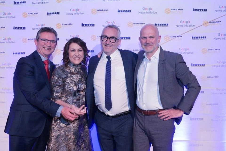 Mediahuis Ireland COO Ian Keogh, INMA president Maribel Perez Wadsworth, Mediahuis Ireland CEO Peter Vandermeersch and Mediahuis Group CEO Gert Ysebaert at the INMA Global Media Awards in New York where Mediahuis Ireland won Best Innovation in Newsroom Transformation (Regional Brands)
