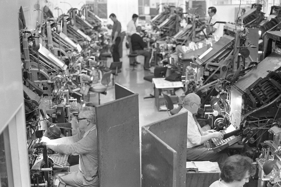 Inside the Irish Independent, printing process, linotype hall, circa March 1988
